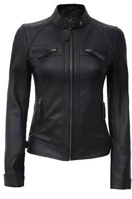 Women's black quilted lambskin leather biker jacket 3