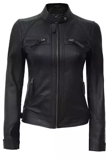 Women's black quilted lambskin leather biker jacket