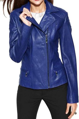 Women's real genuine blue leather biker jacket