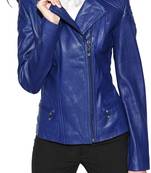 Women's real genuine blue leather biker jacket