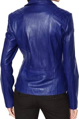 Women's real genuine blue leather biker jacket 2