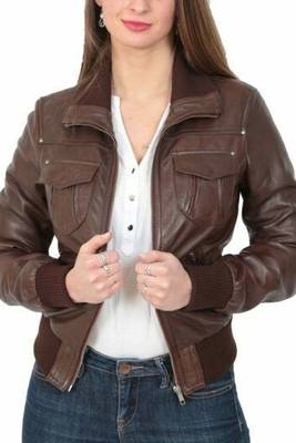 Women's brown real lambskin leather bomber jacket 1