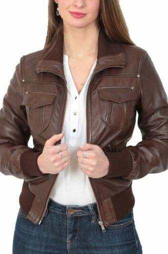 Women's brown real lambskin leather bomber jacket