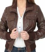 Women's brown real lambskin leather bomber jacket