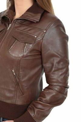 Women's brown real lambskin leather bomber jacket 2