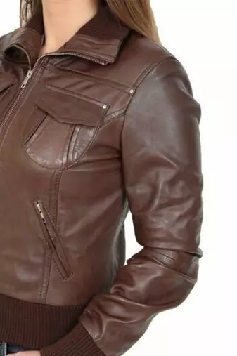 Women's brown real lambskin leather bomber jacket
