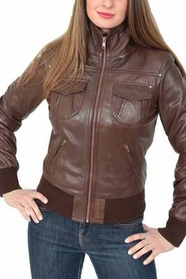 Women's brown real lambskin leather bomber jacket 4