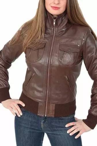Women's brown real lambskin leather bomber jacket