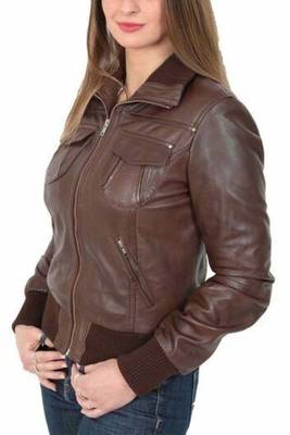 Women's brown real lambskin leather bomber jacket 5