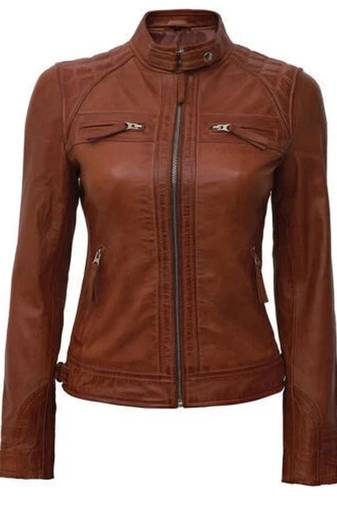 Women's real lambskin leather cafe racer brown jacket