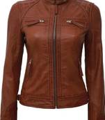 Women's real lambskin leather cafe racer brown jacket