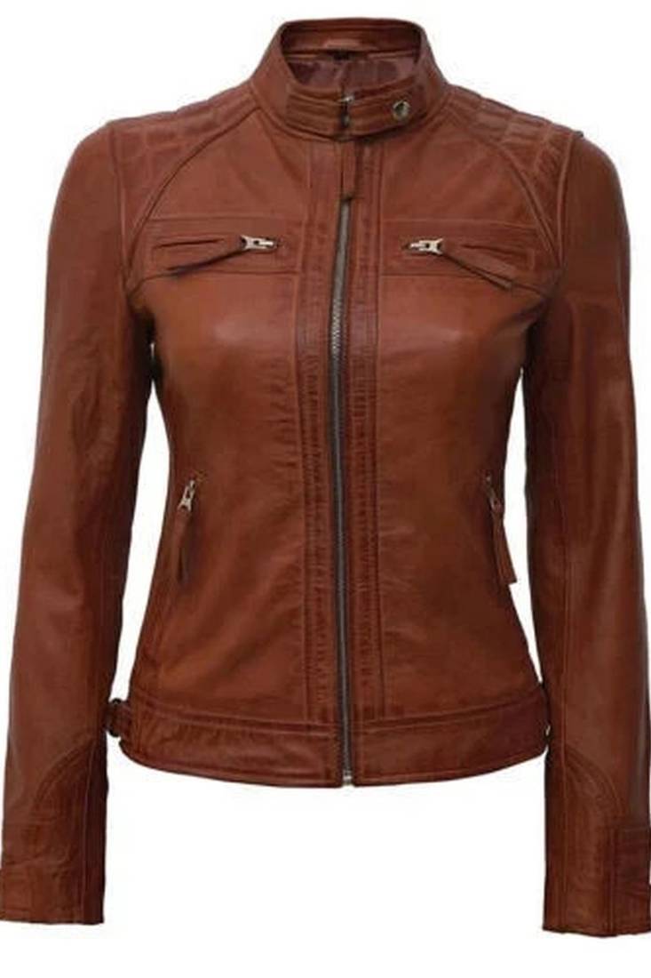 Women's real lambskin leather cafe racer brown jacket