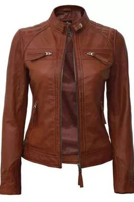 Women's real lambskin leather cafe racer brown jacket 3