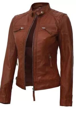 Women's real lambskin leather cafe racer brown jacket 4