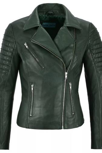 Women's dark green asymmetrical biker lambskin leather jacket