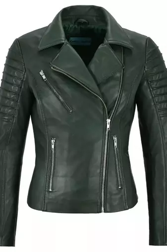 Women's dark green asymmetrical biker lambskin leather jacket
