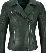 Women's dark green asymmetrical biker lambskin leather jacket