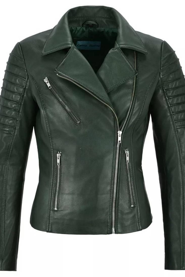 Women's dark green asymmetrical biker lambskin leather jacket
