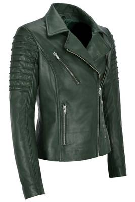 Women's dark green asymmetrical biker lambskin leather jacket 2