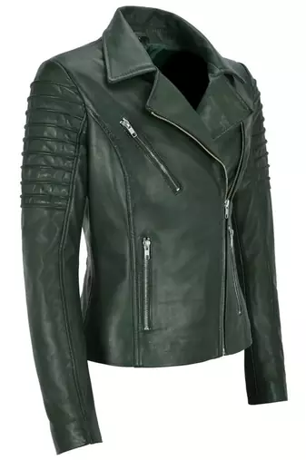 Women's dark green asymmetrical biker lambskin leather jacket
