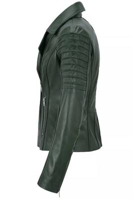 Women's dark green asymmetrical biker lambskin leather jacket 3