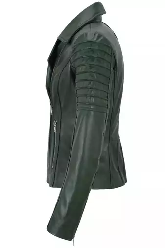 Women's dark green asymmetrical biker lambskin leather jacket