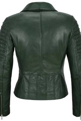 Women's dark green asymmetrical biker lambskin leather jacket 4