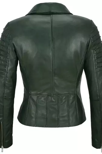 Women's dark green asymmetrical biker lambskin leather jacket