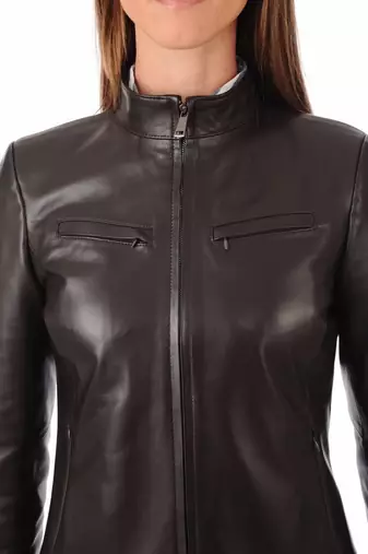 Women's brown cafe racer real lambskin leather jacket