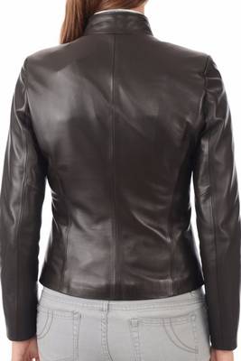Women's brown cafe racer real lambskin leather jacket 2