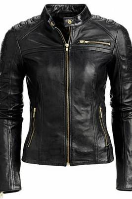 Women's black quilted cafe racer lambskinleather jacket 1