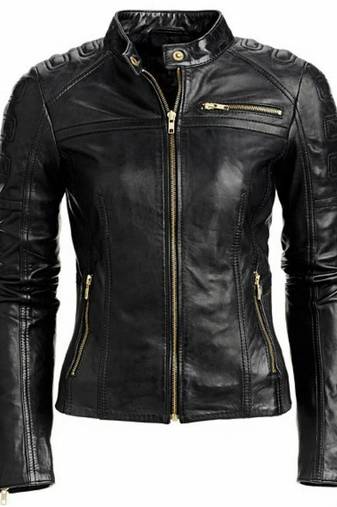 Women's black quilted cafe racer lambskinleather jacket