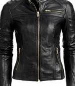 Women's black quilted cafe racer lambskinleather jacket