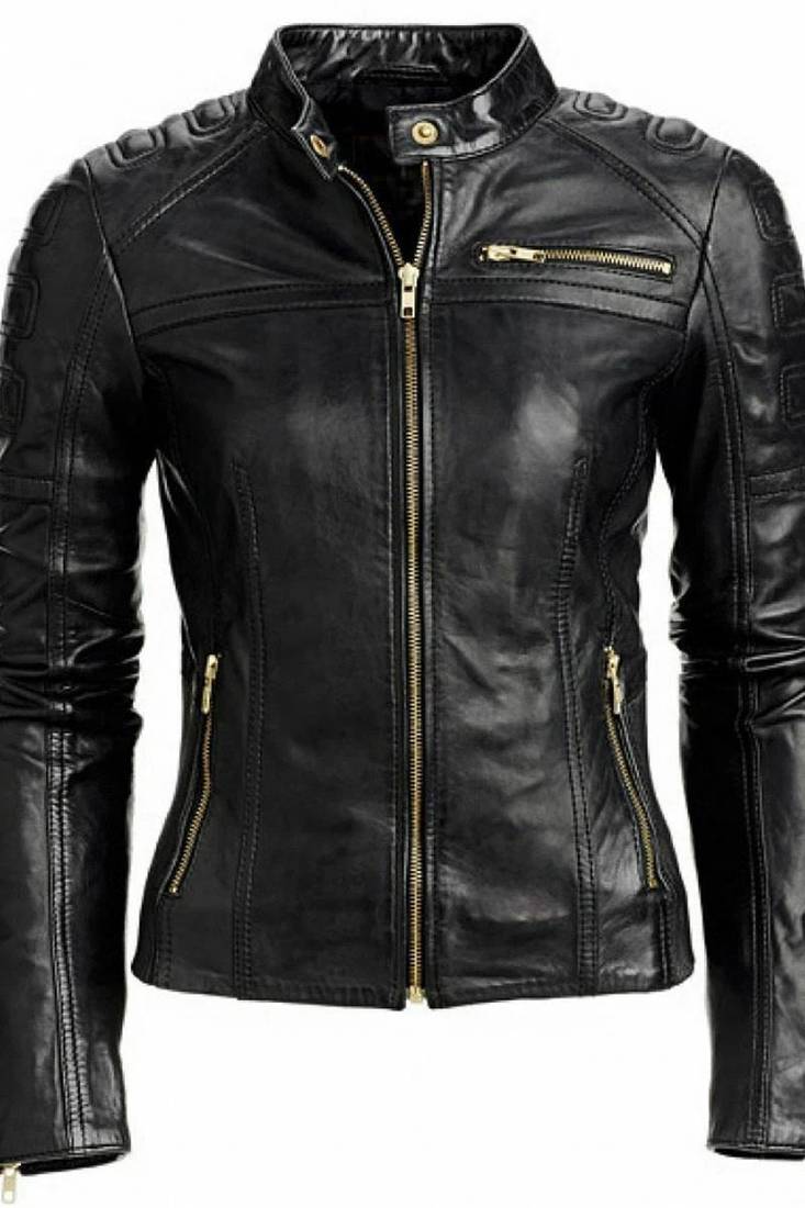 Women's black quilted cafe racer lambskinleather jacket