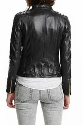 Women's black quilted cafe racer lambskinleather jacket 2