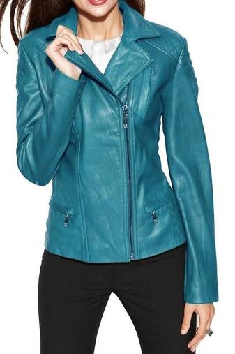 Women's turquoise moto biker lambskin leather jacket