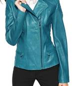 Women's turquoise moto biker lambskin leather jacket