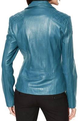 Women's turquoise moto biker lambskin leather jacket 2