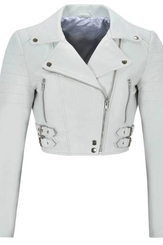 Women's white lambskin cropped biker leather jacket
