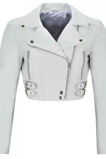 Women's white lambskin cropped biker leather jacket