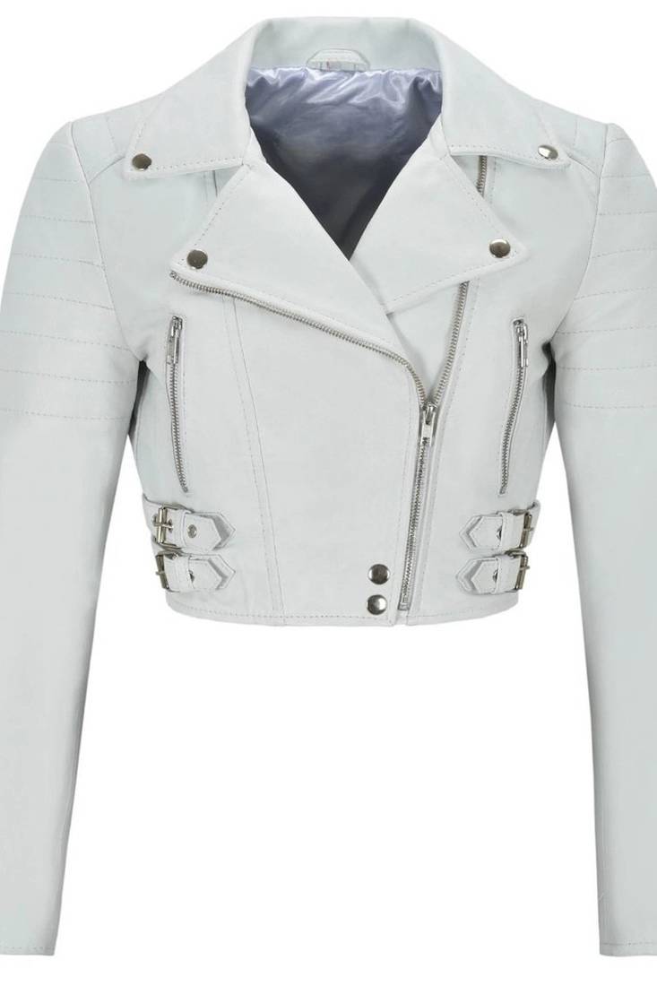 Women's white lambskin cropped biker leather jacket