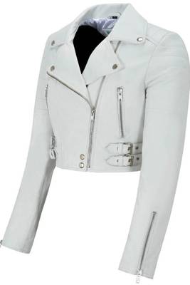 Women's white lambskin cropped biker leather jacket 2