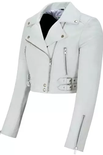 Women's white lambskin cropped biker leather jacket