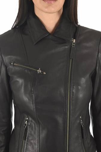 Women's black slim fit moto lambskin leather biker jacket
