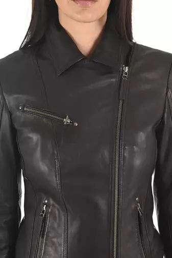 Women's black slim fit moto lambskin leather biker jacket