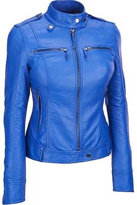 Women's royal blue cafe racer lambskin leather biker jacket 1