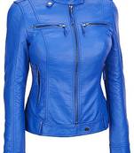 Women's royal blue cafe racer lambskin leather biker jacket