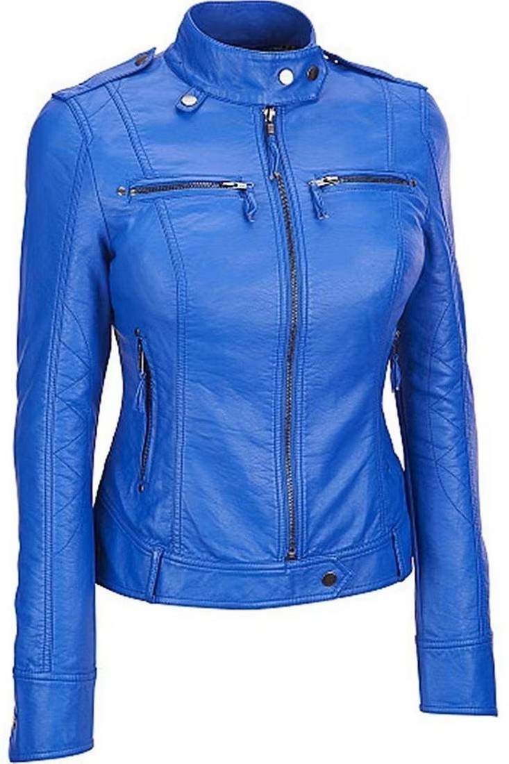 Women's royal blue cafe racer lambskin leather biker jacket
