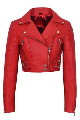 Women's red cropped biker lambskin leather jacket 1