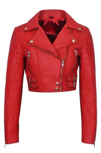 Women's red cropped biker lambskin leather jacket